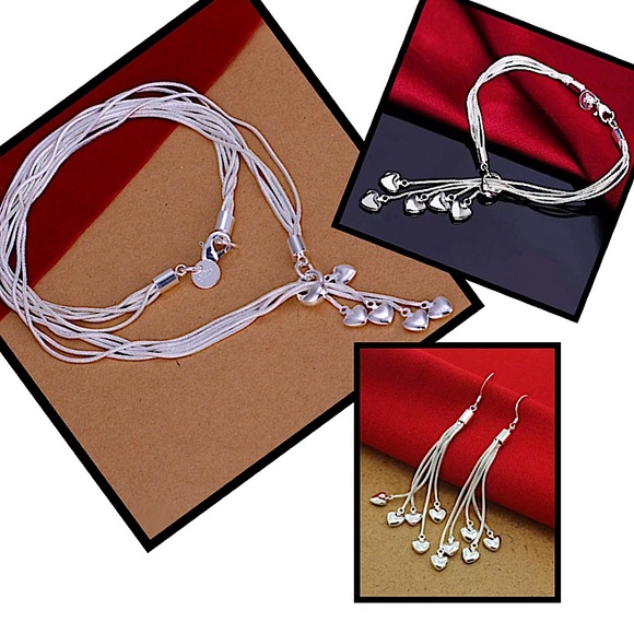 Heart Sterling Silver Tassel Charm Necklace Matching Bracelet Earrings Set - Picture 2 of 9